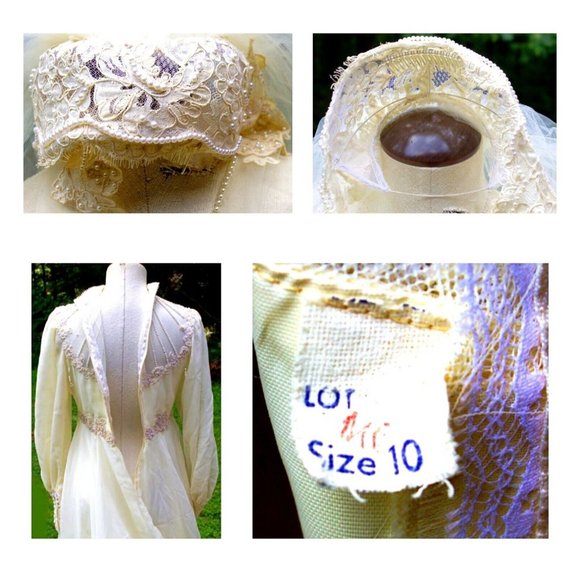 Vtg 80s Ivory Wedding Dress Veil Hi Neck Bead Sheer Cuffed Train Victorian Goth - Picture 16 of 16